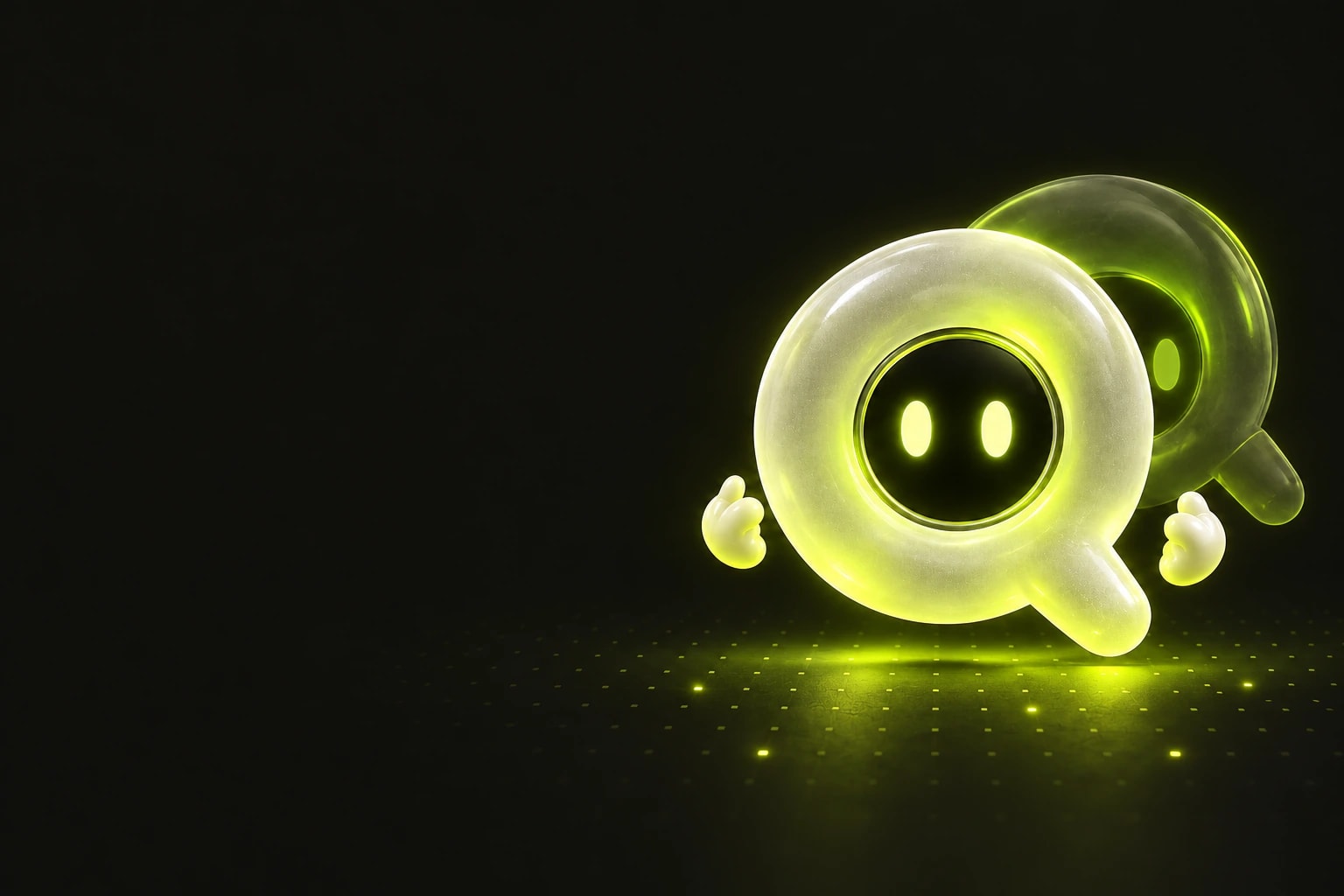 Qwin, the HypeQ mascot: a glass Q in two overlapping states, floating above a field of one-time keys